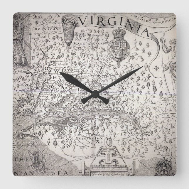 Horloge Carrée Virginia Map, 1612 (Recto)