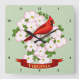 Horloge Carrée Virginie State Cardinal Bird and Dogwood Flower