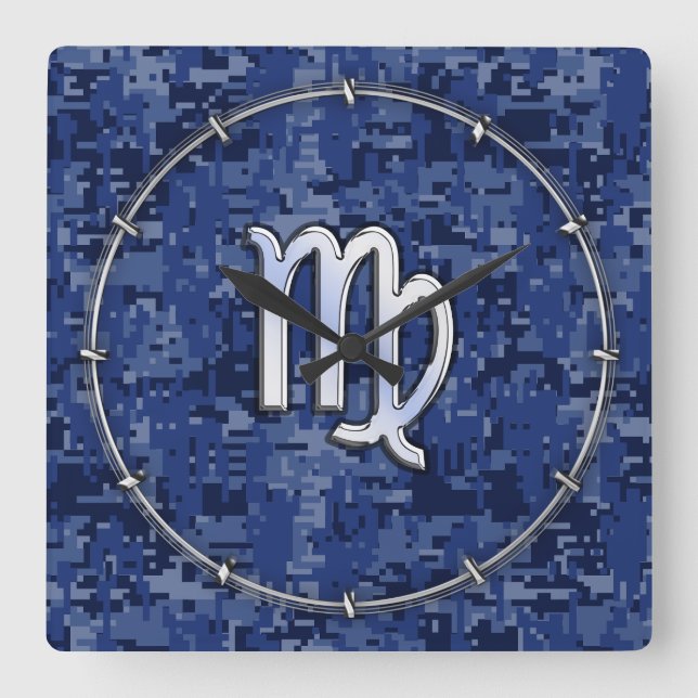Horloge Carrée Virgo Zodiac Sign on Marine Blue Digital Camo Deco (Recto)