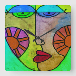 Horloge Carrée Visage d'art Abstrait coloré