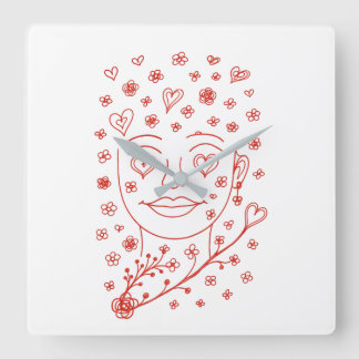 Horloge Carrée Visage d'art en ligne romantique dessiné à la main