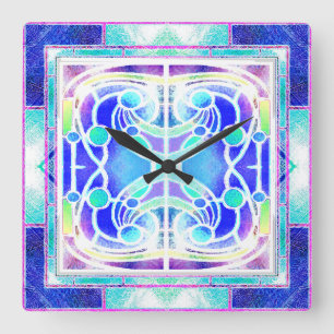 Horloge Carrée Vitrail de Cathédrale en Bleu et Vert