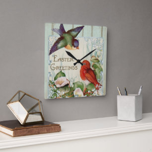 Horloge Carrée Vœux de Pâques Oiseaux Chanteurs Rétro Vintage