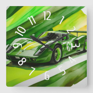 Horloge Carrée Voiture de course verte Aquarelle jaune