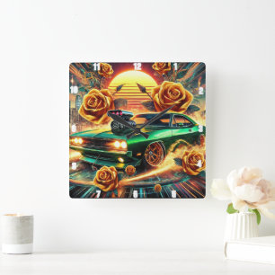 Horloge Carrée Voiture Muscle d'inspiration rétro avec art floral