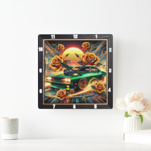Horloge Carrée Voiture Muscle d'inspiration rétro avec art floral