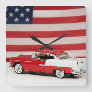 Horloge Carrée Voiture Rétro Avec Drapeau Américains