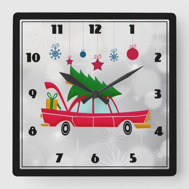 Horloge Carrée Voiture rouge rétro portant un arbre de Noël (Recto)
