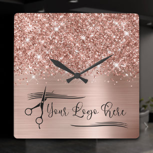 Horloge Carrée Votre logo pailleté rose or glamour