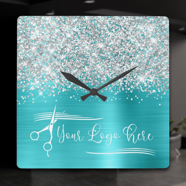 Horloge Carrée Votre logo Parties scintillant Argent Bleu Turquoi (Your Logo Silver Glitter Turquoise Blue Glam Square Wall Clock)