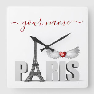 Horloge Carrée Votre nom à Paris Tour Eiffel Heart Angel Wings