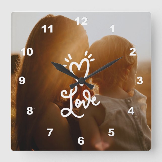 Horloge Carrée Votre propre photo Amour Coeur blanc (Recto)
