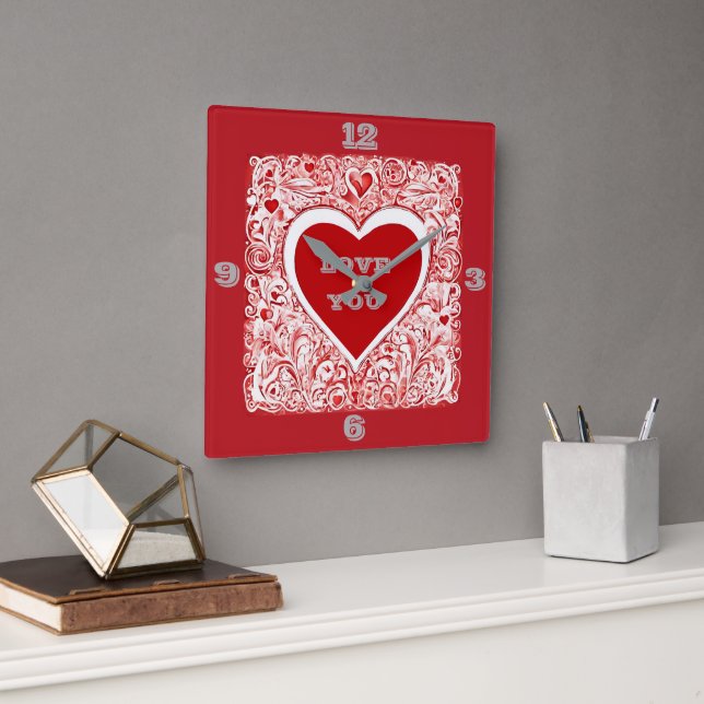 Horloge Carrée Vous Aimez Coeur Rouge Et Blanc (Bureau)