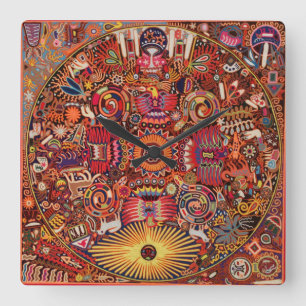 Horloge Carrée Voyage tribal maya mexicain de Boho d'art d'Oaxaca