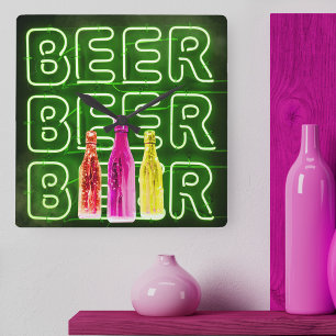 Horloge Carrée Voyant néon Bière vert