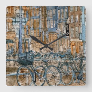 Horloge Carrée Vue de New York City d'aquarelle des destinations