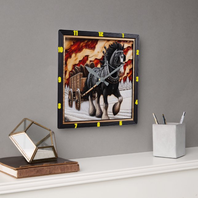 Horloge Carrée Wagon Trail : Charred Wood Clydesdale personnalisé (Bureau)