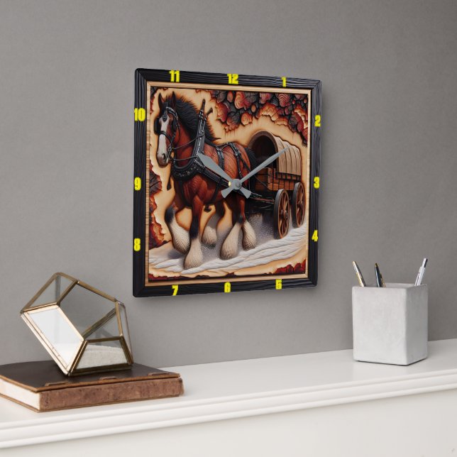 Horloge Carrée Wagon Trail : Charred Wood Clydesdale personnalisé (Bureau)