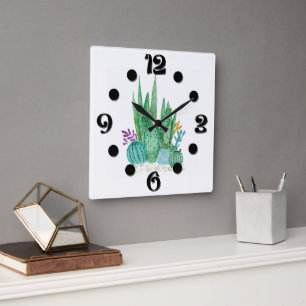 Horloge Carrée Watercolor , cactus , succulents
