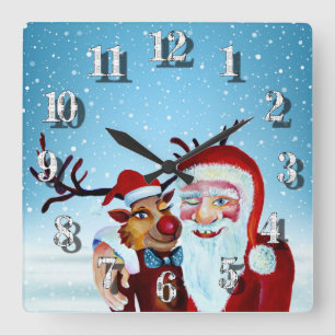 Horloge Carrée Watercolor Magical Santa Claus Smiling Rudolph