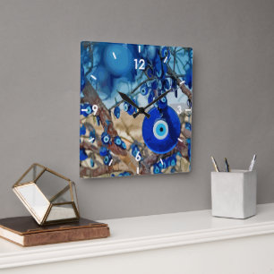 Horloge Carrée Watercolor of Tree Decorated with Nazars