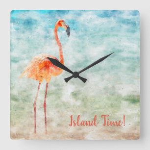 Horloge Carrée Watercolor Pink Flamingo   Tropical Island Time