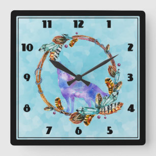 Horloge Carrée Watercolor Wolf Howling in a Boho Style Wreath