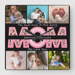 Horloge Carrée We Love You Mom Pink Minimalist 6 Collage photo