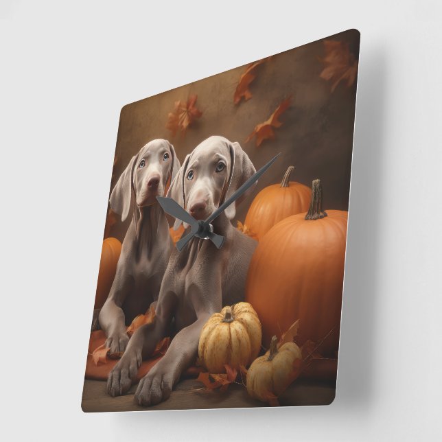 Horloge Carrée Weimaraner Chiot Automne Citrouille délice (Angle)