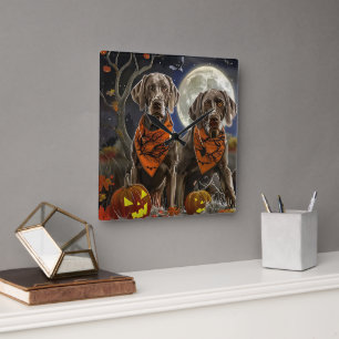 Horloge Carrée Weimaraner Halloween Épouvantable 