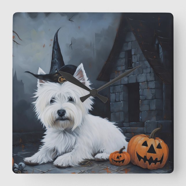 Horloge Carrée West Highland White Terrier Citrouille Halloween (Recto)