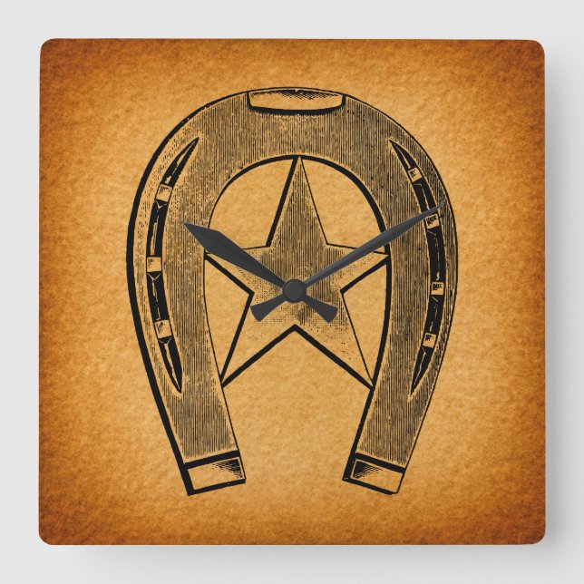 Horloge Carrée Western Horseshoe avec Star Antique Horse Shoe (Recto)