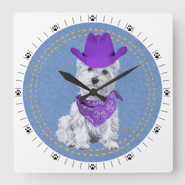 Horloge Carrée Westie Cowboy sur Denim (Recto)