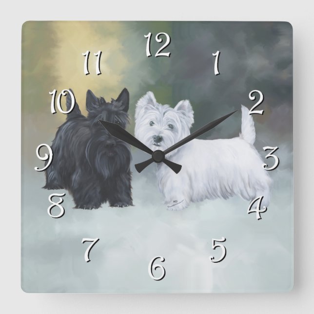 Horloge Carrée Westie Scottie hiver (Recto)