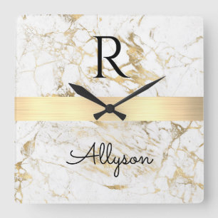 Horloge Carrée Wh & Gold Marble Gold Bar, Black Name Monogram Vs2