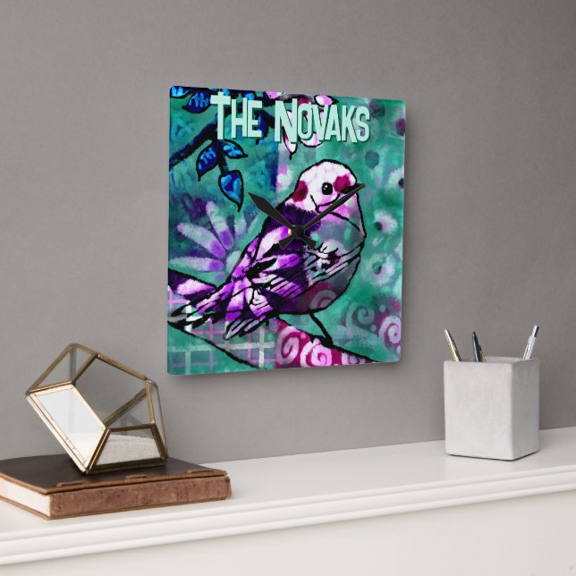 Horloge Carrée Whimsical Abstract Bird Floral Personalized (Bureau)