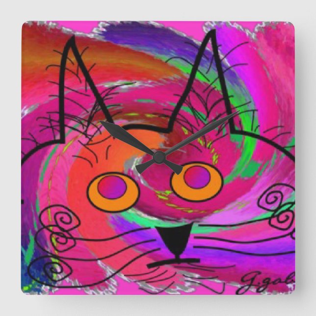 Horloge Carrée Whimsical cat art clock (Recto)