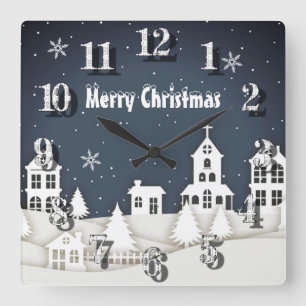 Horloge Carrée Whimsical Magique Neige Noël Chic Bleu