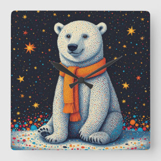 Horloge Carrée Whimsical Polar Bear In Orange Scarf