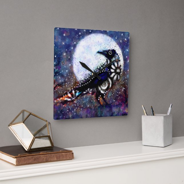 Horloge Carrée Whimsical Raven Lune Floral Noir Blanc Bleu (Bureau)