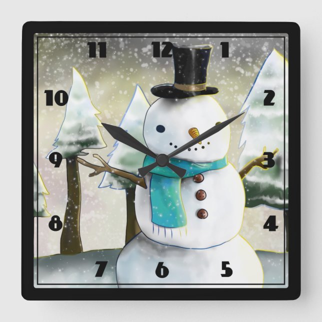 Horloge Carrée Whimsical Snowman Winter Scene Christmas Drawing (Recto)