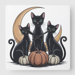 Horloge Carrée Whimsigothique Chats noirs Citrouille Lune Hallowe