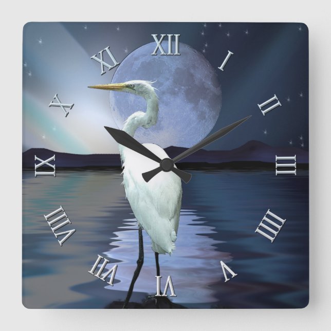 Horloge Carrée White Egret, Pleine lune & Aurora (Recto)