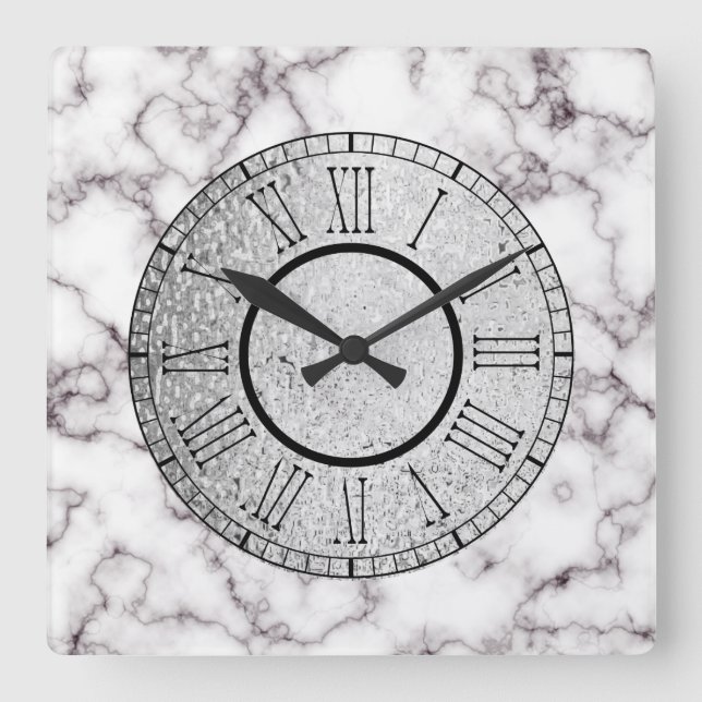 Horloge Carrée White Marble and Gray w/ Silver and Roman Numerals (Recto)