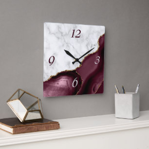 Horloge Carrée White Marble Burgundy Agate Gold Glitter