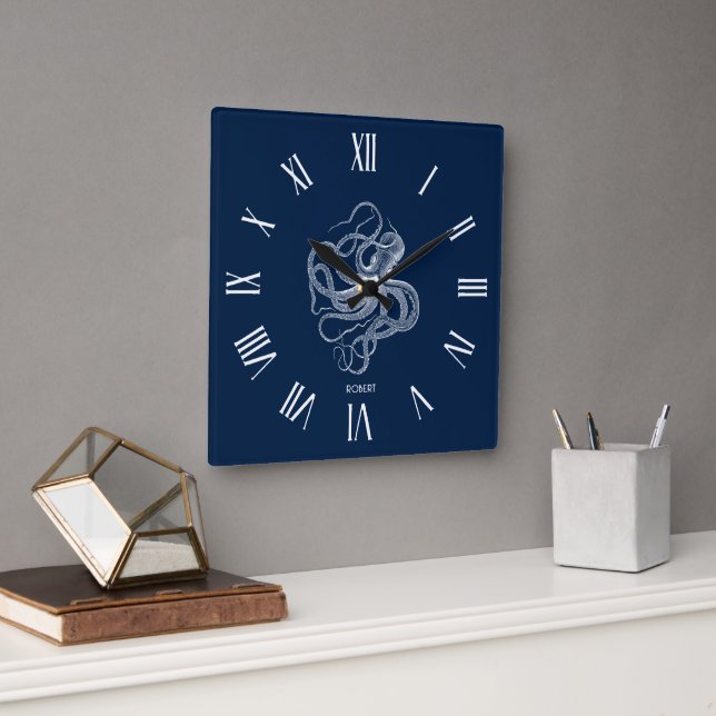 Horloge Carrée White octopus Roman Numerals On Dark Blue (Bureau)