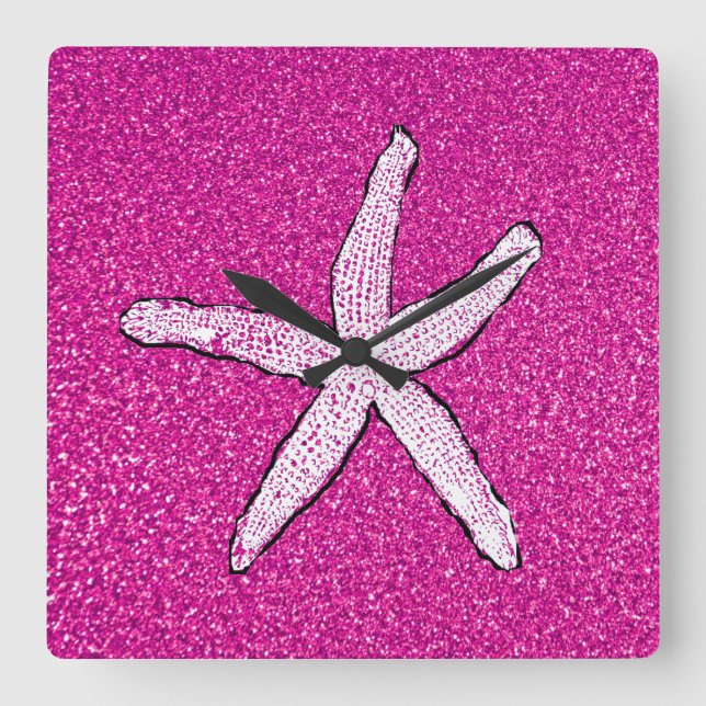 Horloge Carrée White Starfish Pink Glittery Sparkly Girls (Recto)