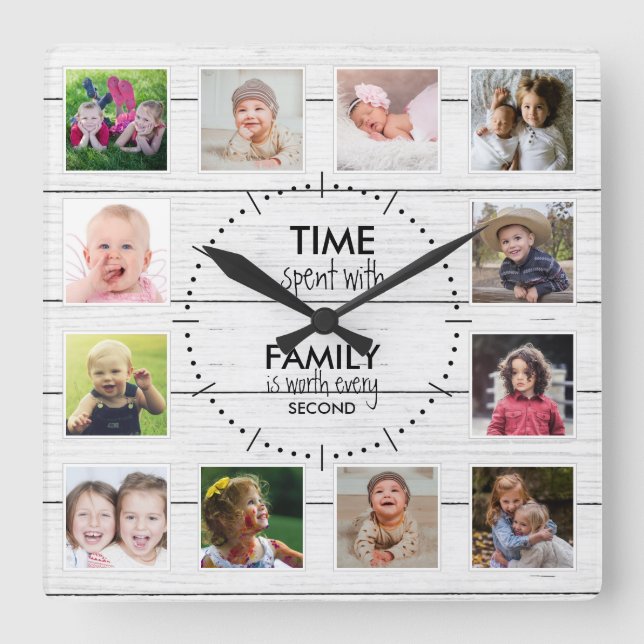 Horloge Carrée White Wood 12 Modèle photo Temps Famille Citation (Recto)
