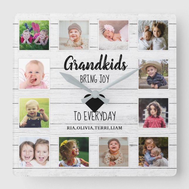 Horloge Carrée White Wood 12 Photo Collage Grandkids Citation (Recto)