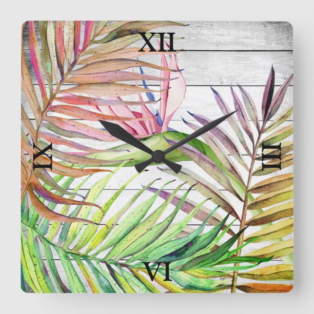Horloge Carrée White Wood Tropical Garden Bird of Paradise Palm  (Recto)